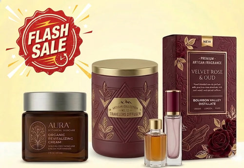 Cosmetic products including a jar, diffuser, and perfume with a 'Flash Sale' label on a beige background.