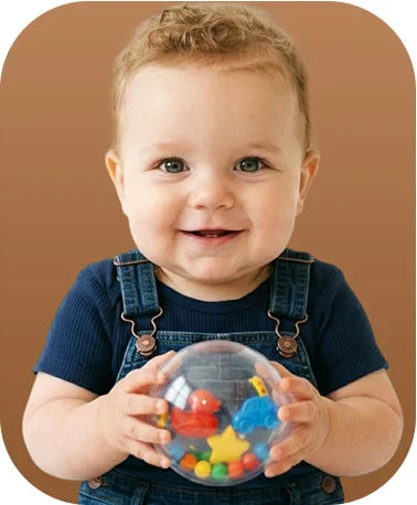 A vibrant collection of 0-12 Months baby toys: soft rattles, textured teethers, and a sensory ball on a cozy playmat.