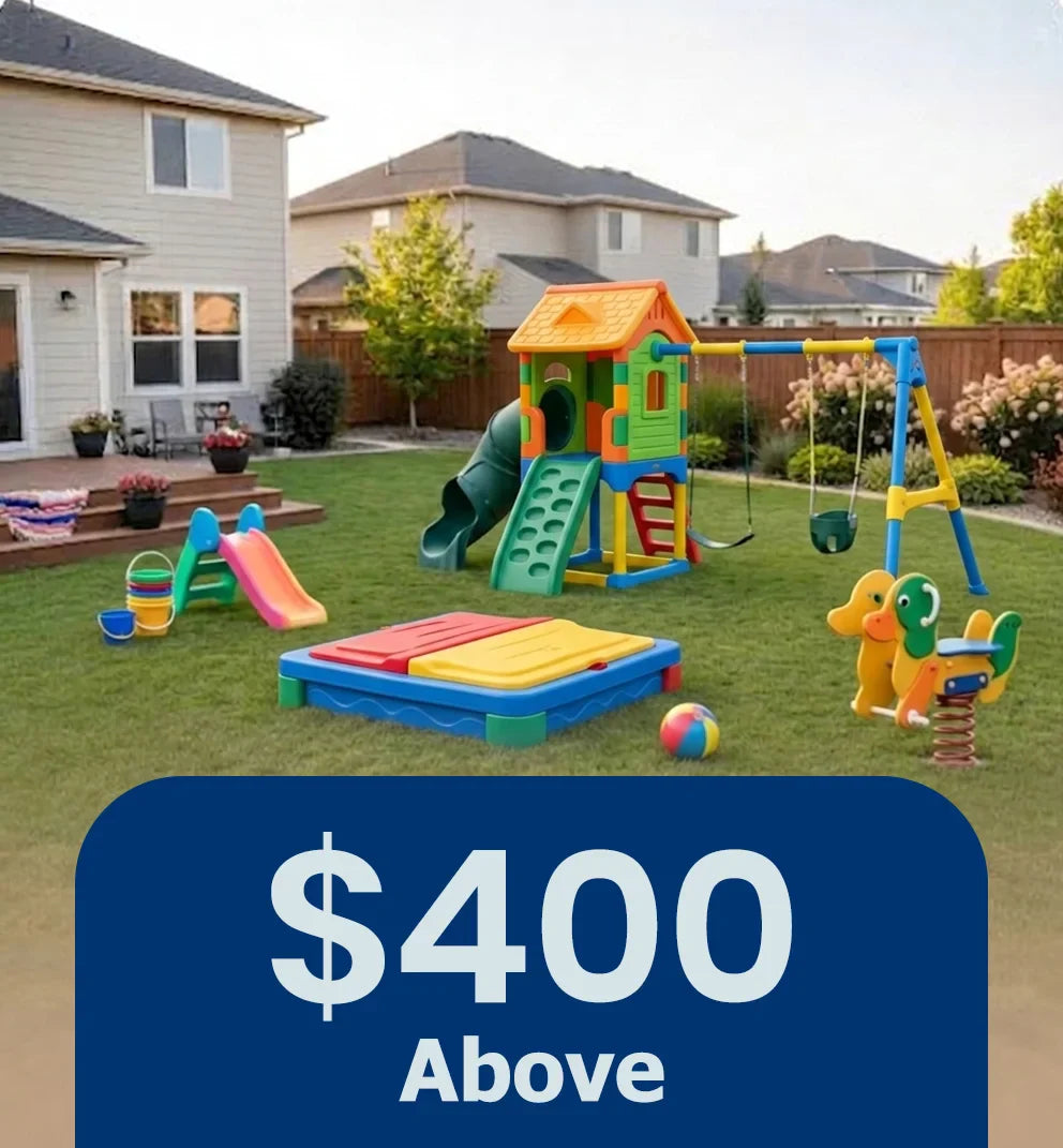 The 400 Above collection features premium kids toys, including electric ride-ons, luxury dollhouses, and interactive learning toys, showcased in a vibrant and colorful setting