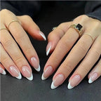 Set of 24 minimalist press on nails with short almond and oval French tips by Nova Mart, displayed on a neutral background.