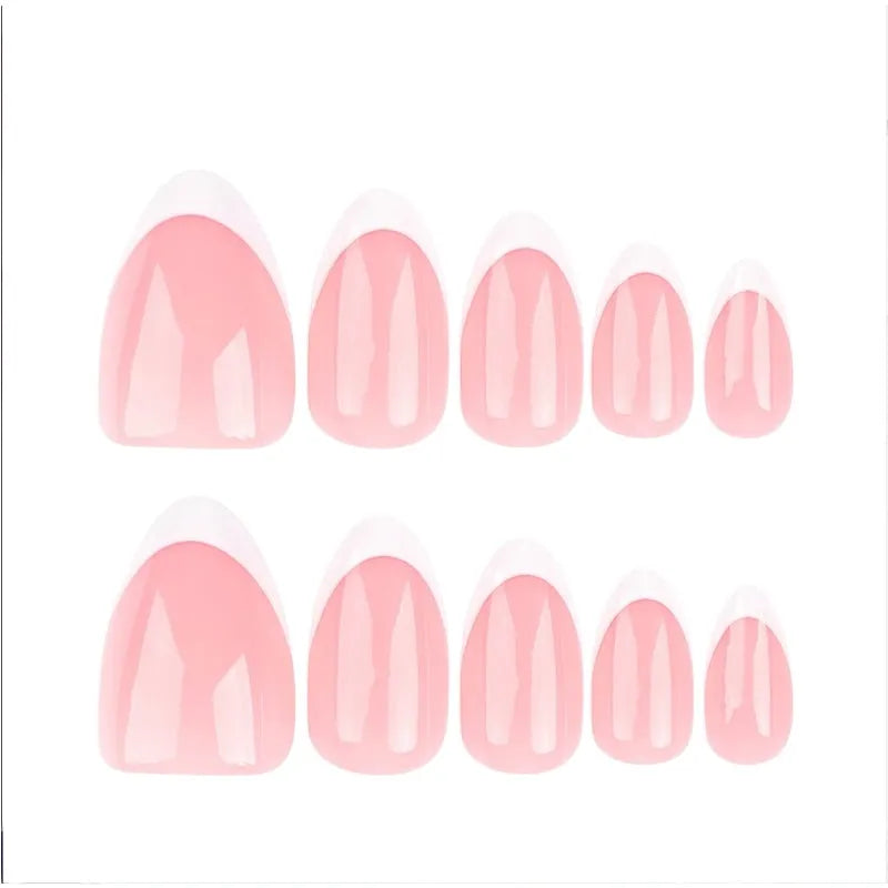 Set of 24 minimalist press-on nails featuring short almond and oval French tips from Nova Mart for beauty and nail care.