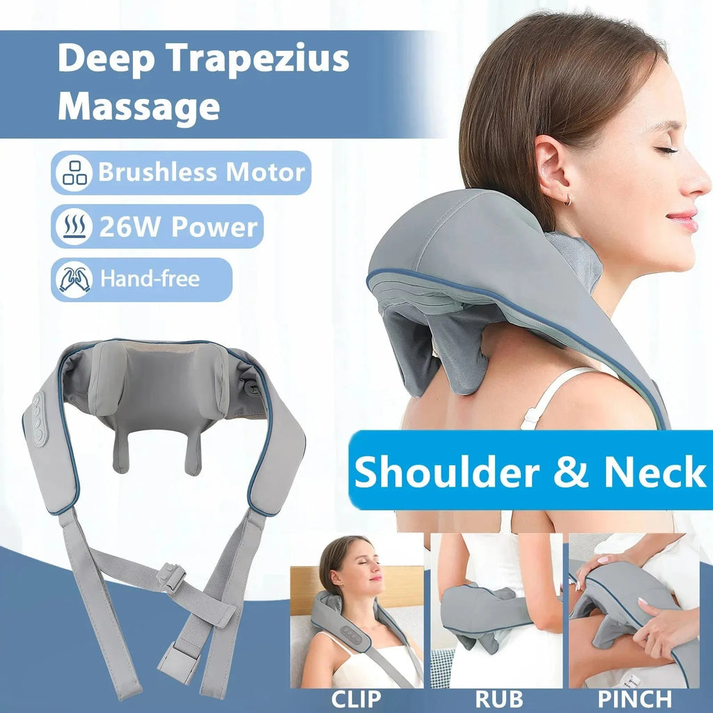 Wireless neck and shoulder massager shawl by Nova Mart with kneading massage nodes and adjustable heat for relaxation.