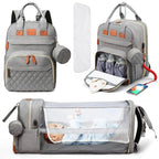 Nova Mart 3-in-1 diaper bag backpack with foldable baby bed, showing multiple compartments and adjustable straps on a neutral background.