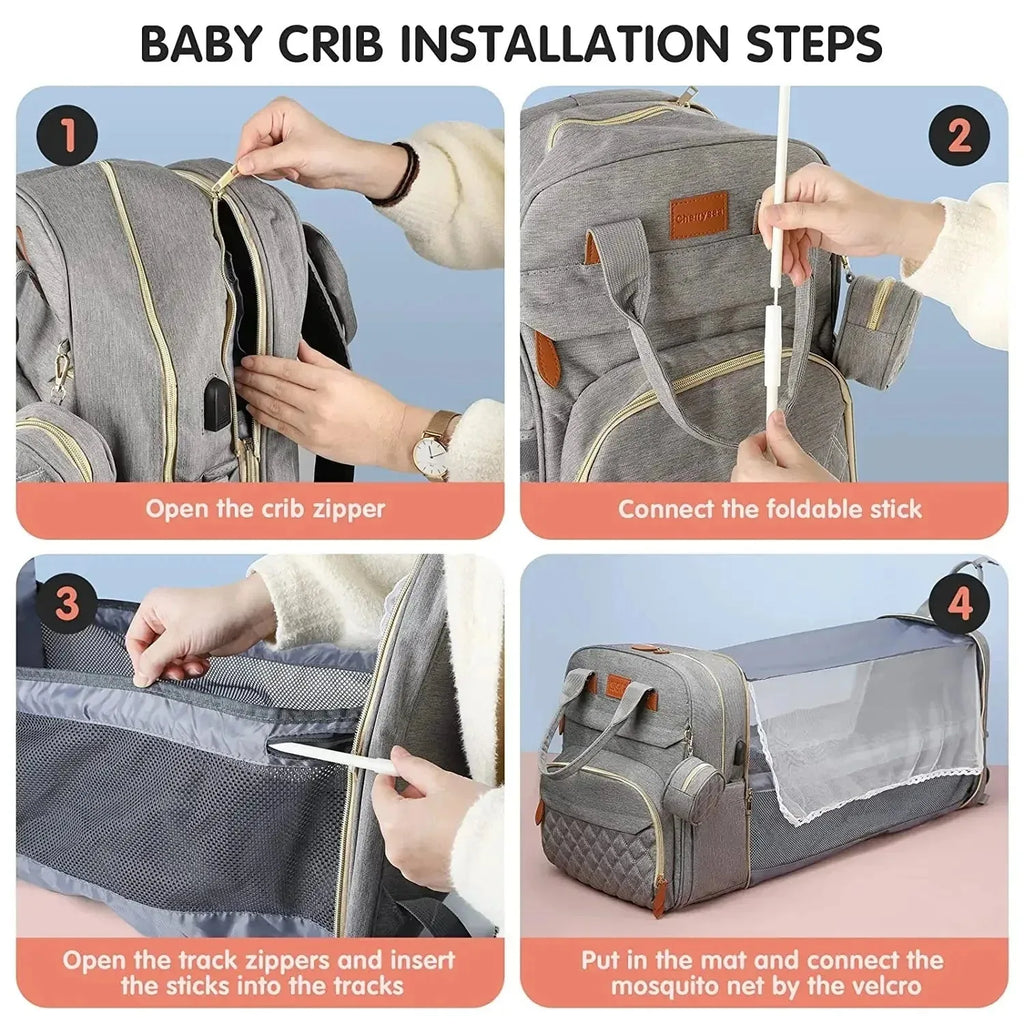 Nova Mart 3-in-1 diaper bag backpack with foldable baby bed showing multiple compartments and ergonomic design for parents and babies.