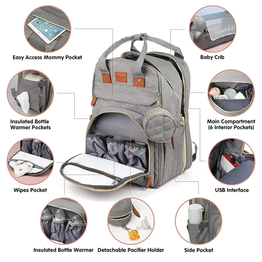 Nova Mart 3-in-1 diaper bag backpack with foldable baby bed, showing spacious compartments and ergonomic design for parents.