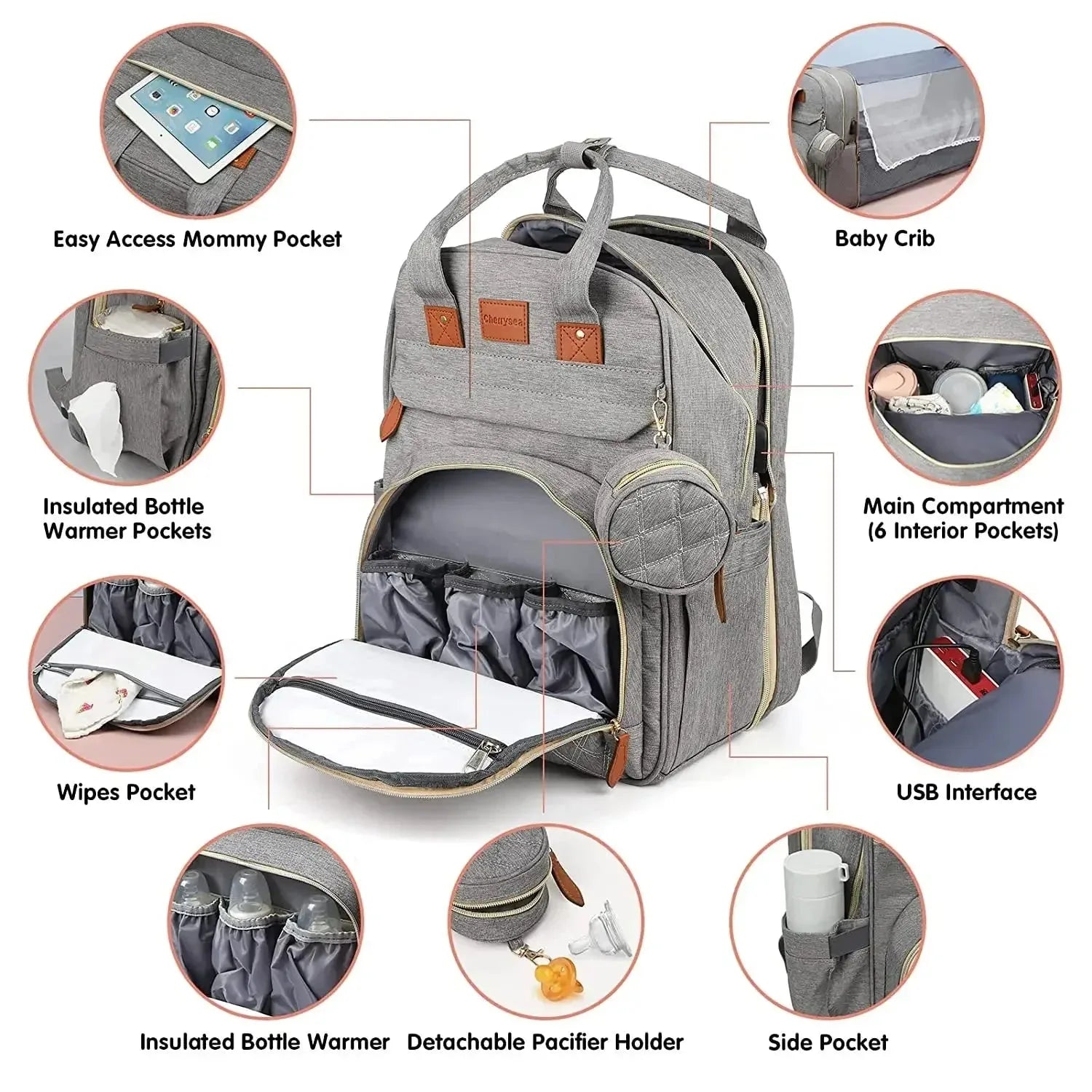 Nova Mart 3-in-1 diaper bag backpack with foldable baby bed, showing spacious compartments and ergonomic design for parents.