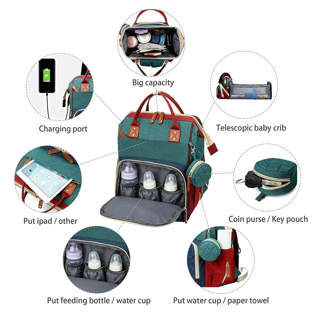 Nova Mart 3-in-1 diaper bag backpack with foldable baby bed, featuring multiple compartments and a convenient design for parents.