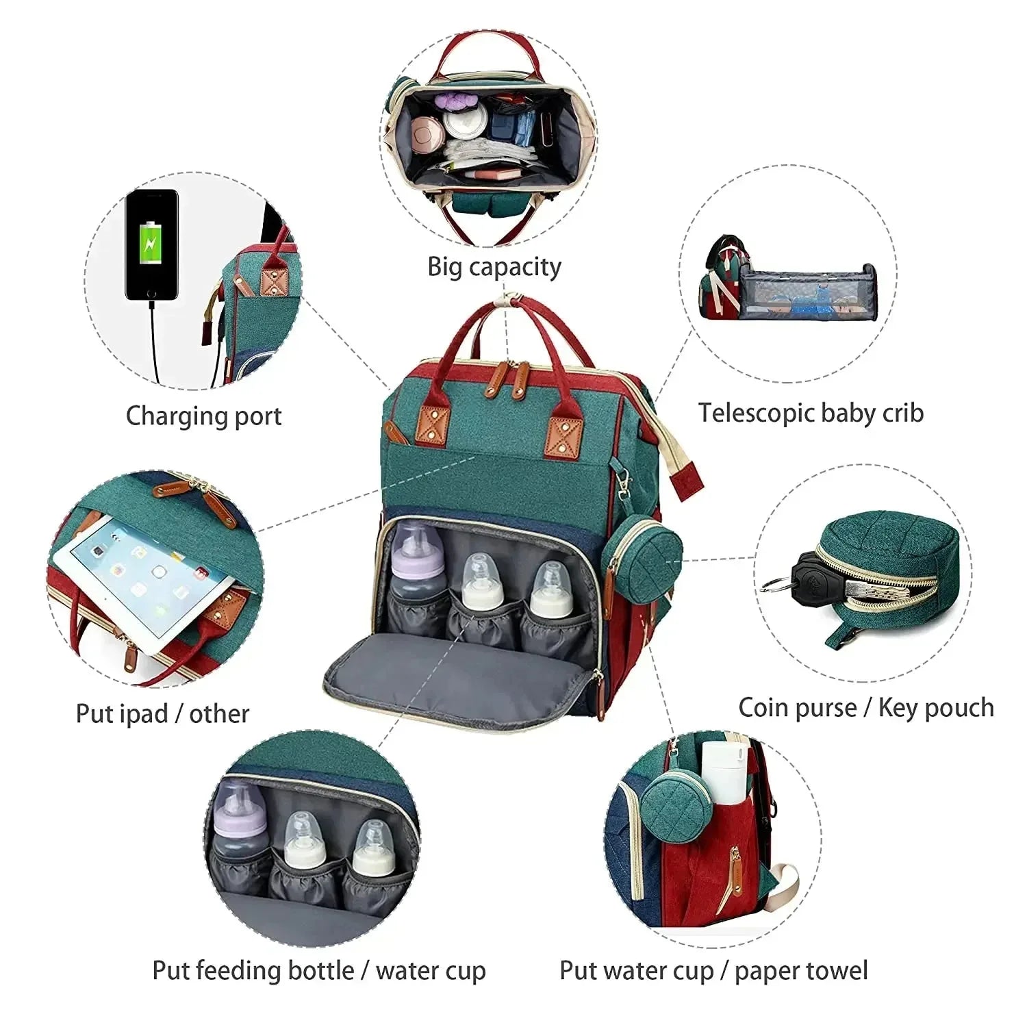 Nova Mart 3-in-1 diaper bag backpack with foldable baby bed, featuring multiple compartments and a convenient design for parents.