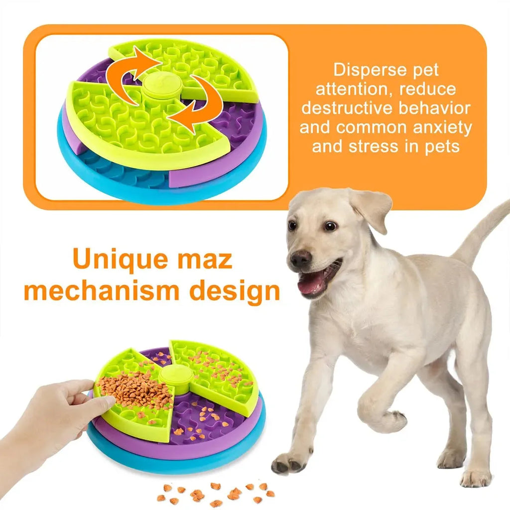 Nova Mart 3-in-1 interactive pet slow feeder bowl with lick mat and puzzle features for engaging pet care.