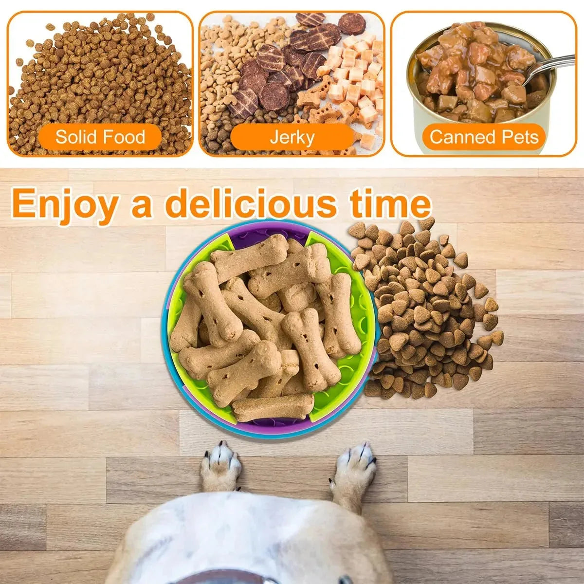Nova Mart 3-in-1 interactive pet slow feeder bowl with lick mat and puzzle features for engaging pet care.