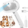 Pet care 3-in-1 Pet Steam Brush by Nova Mart, spray grooming comb for cats and dogs, showing the brush and steam nozzle in use.