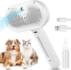 Pet care 3-in-1 Pet Steam Brush by Nova Mart, spray grooming comb for cats and dogs, showing the brush and steam nozzle in use.