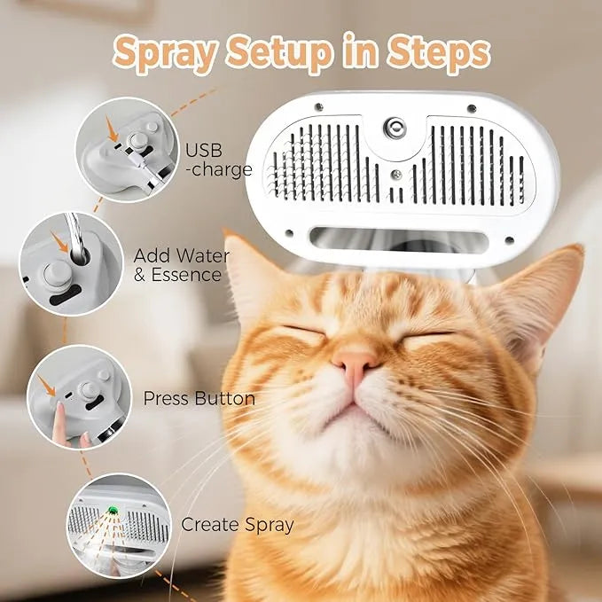 Nova Mart 3-in-1 Pet Steam Brush for cats and dogs, spray grooming comb, pet care tool for cleaning and detangling fur.