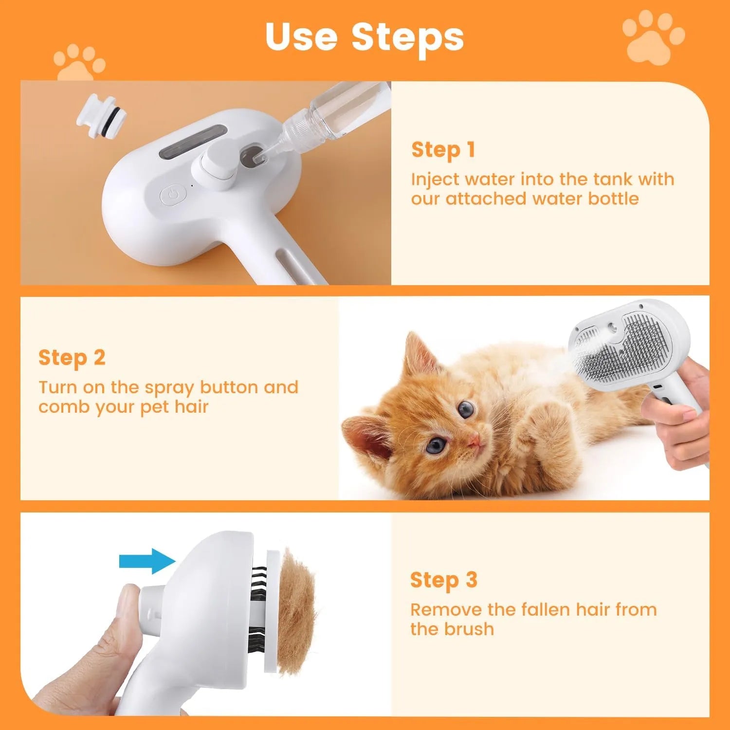 Pet care steam brush for cats and dogs, Nova Mart 3-in-1 spray grooming comb with ergonomic handle and cleaning features.