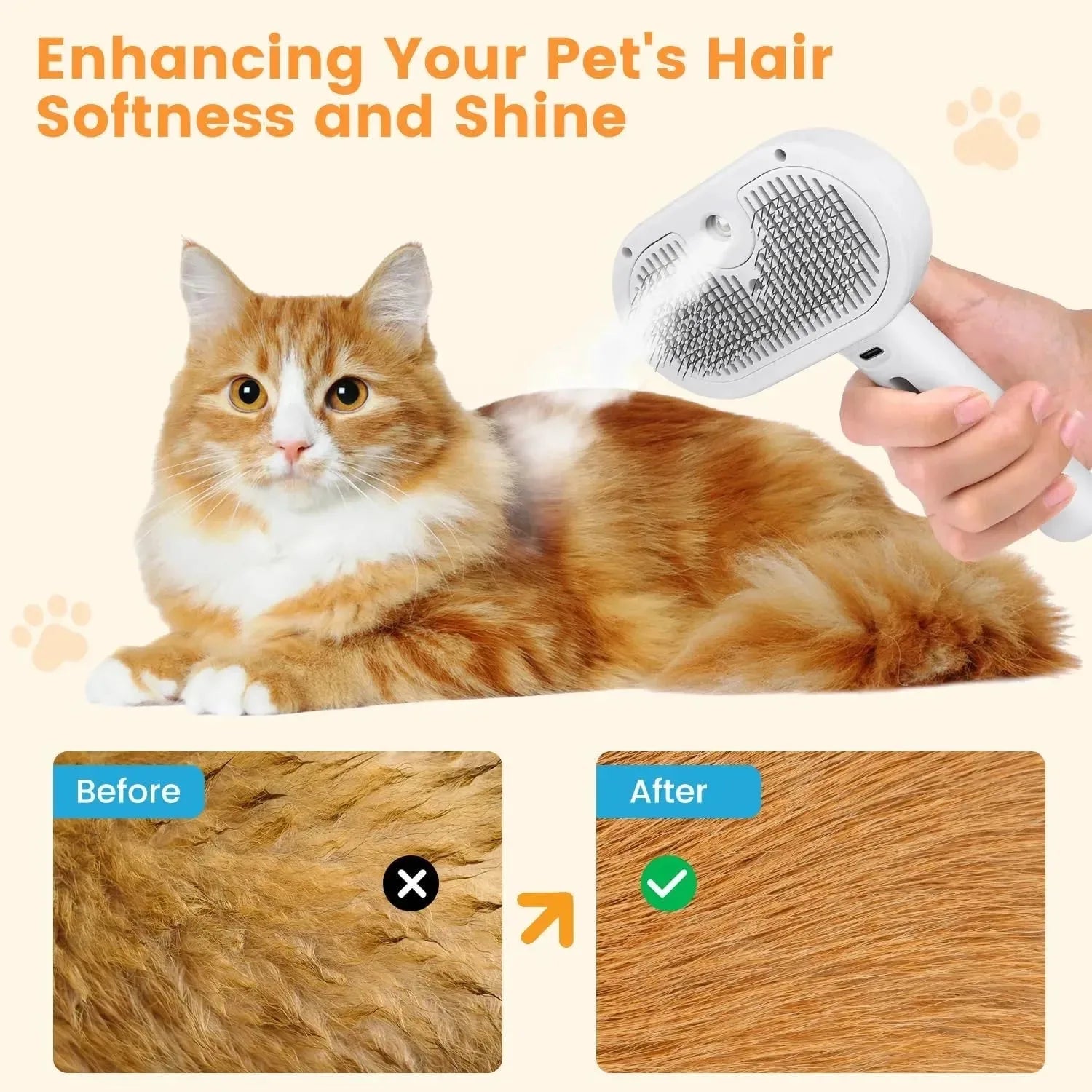 Nova Mart 3-in-1 Pet Steam Brush for cats and dogs, showing a handheld grooming comb with steam venting and adjustable settings.