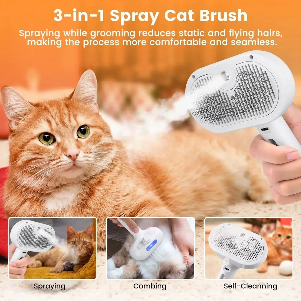 Nova Mart 3-in-1 Pet Steam Brush for cats and dogs, spray grooming comb with ergonomic handle and stainless steel teeth.