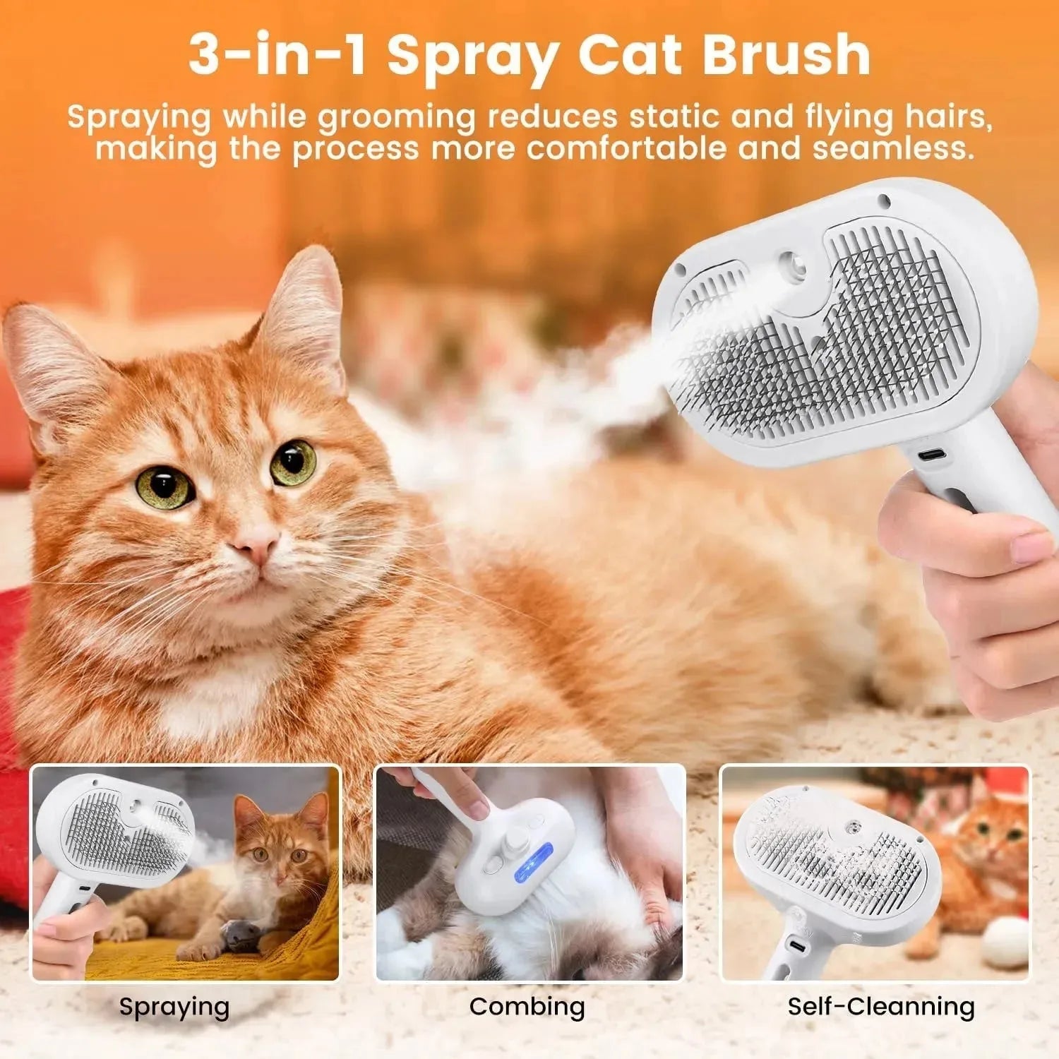 Nova Mart 3-in-1 Pet Steam Brush for cats and dogs, spray grooming comb with ergonomic handle and stainless steel teeth.
