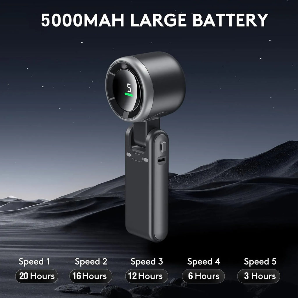 Nova Mart 3-in-1 portable handheld turbo fan with 5-speed settings and 2500mAh battery, shown with adjustable fan blades and compact design.