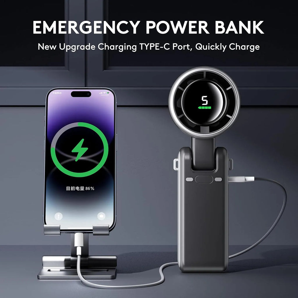 Nova Mart 3-in-1 portable handheld turbo fan with 5-speed settings and 2500mAh battery, shown in use with adjustable blades and handle.