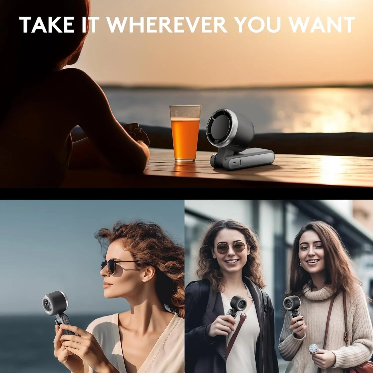 Nova Mart 3-in-1 portable handheld turbo fan with 5-speed settings and 2500mAh battery, shown in use.