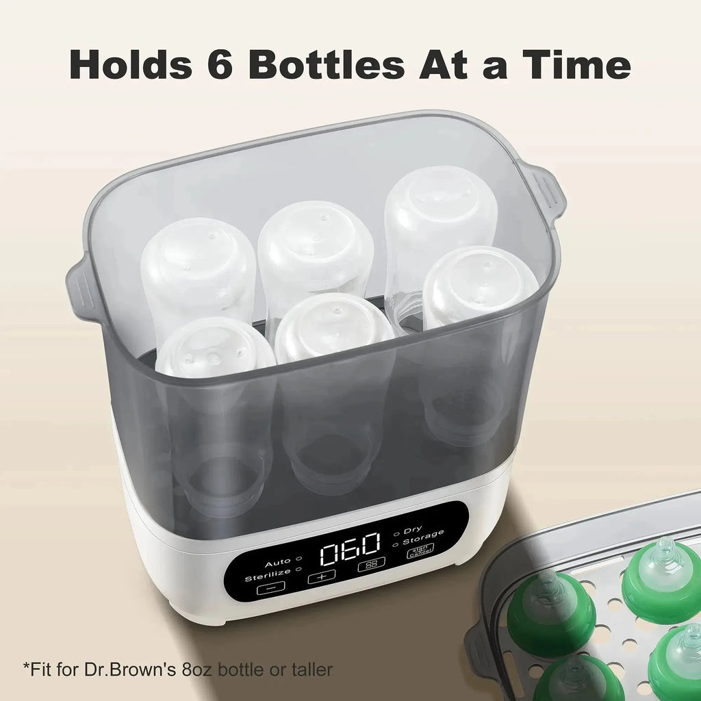 Nova Mart 4-in-1 baby bottle sterilizer and dryer with LED touch control, auto shut-off, suitable for all bottle types.