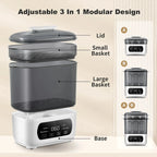 Nova Mart 4-in-1 baby bottle sterilizer and dryer with LED touch control and auto shut-off, suitable for all types of bottles.