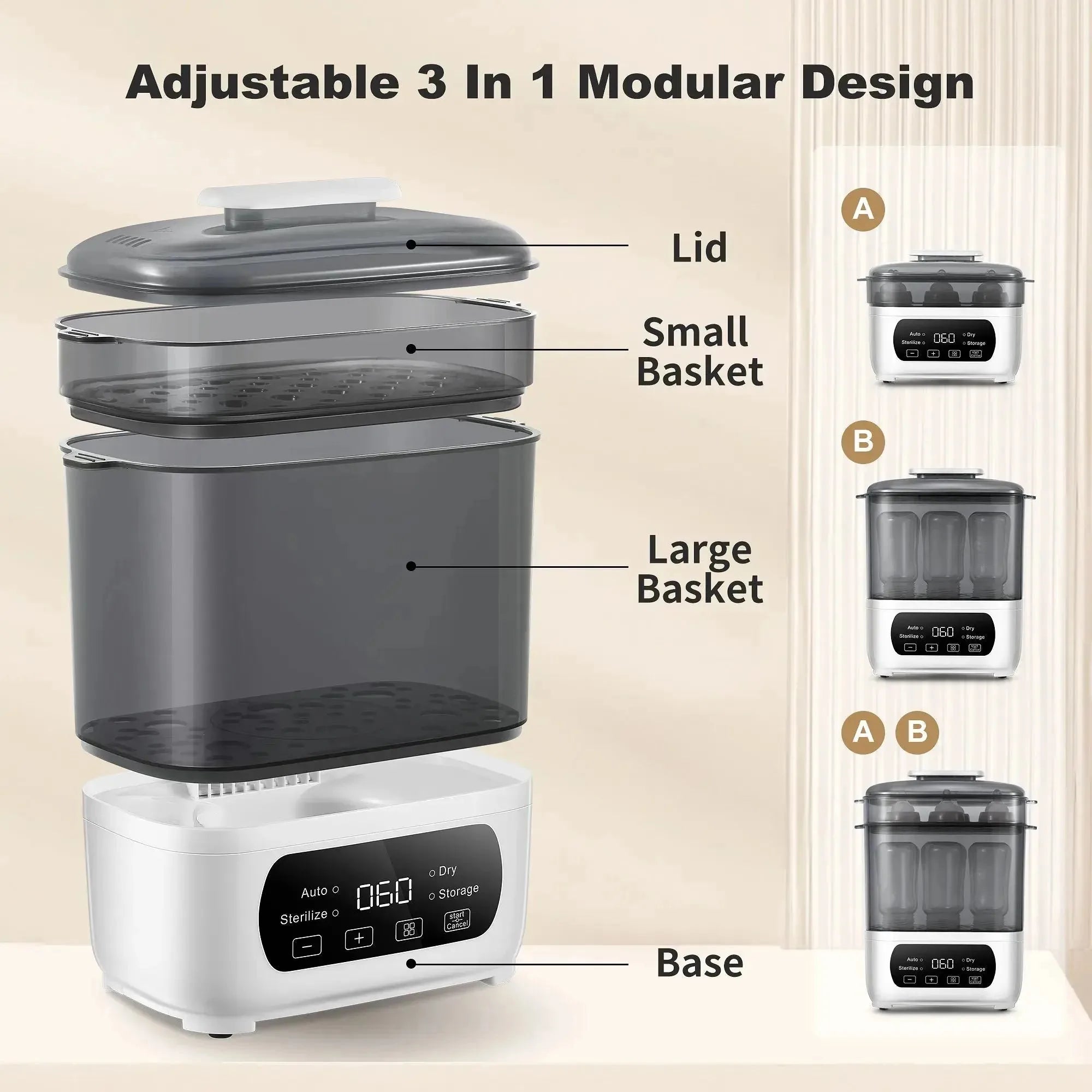 Nova Mart 4-in-1 baby bottle sterilizer and dryer with LED touch control and auto shut-off, suitable for all types of bottles.