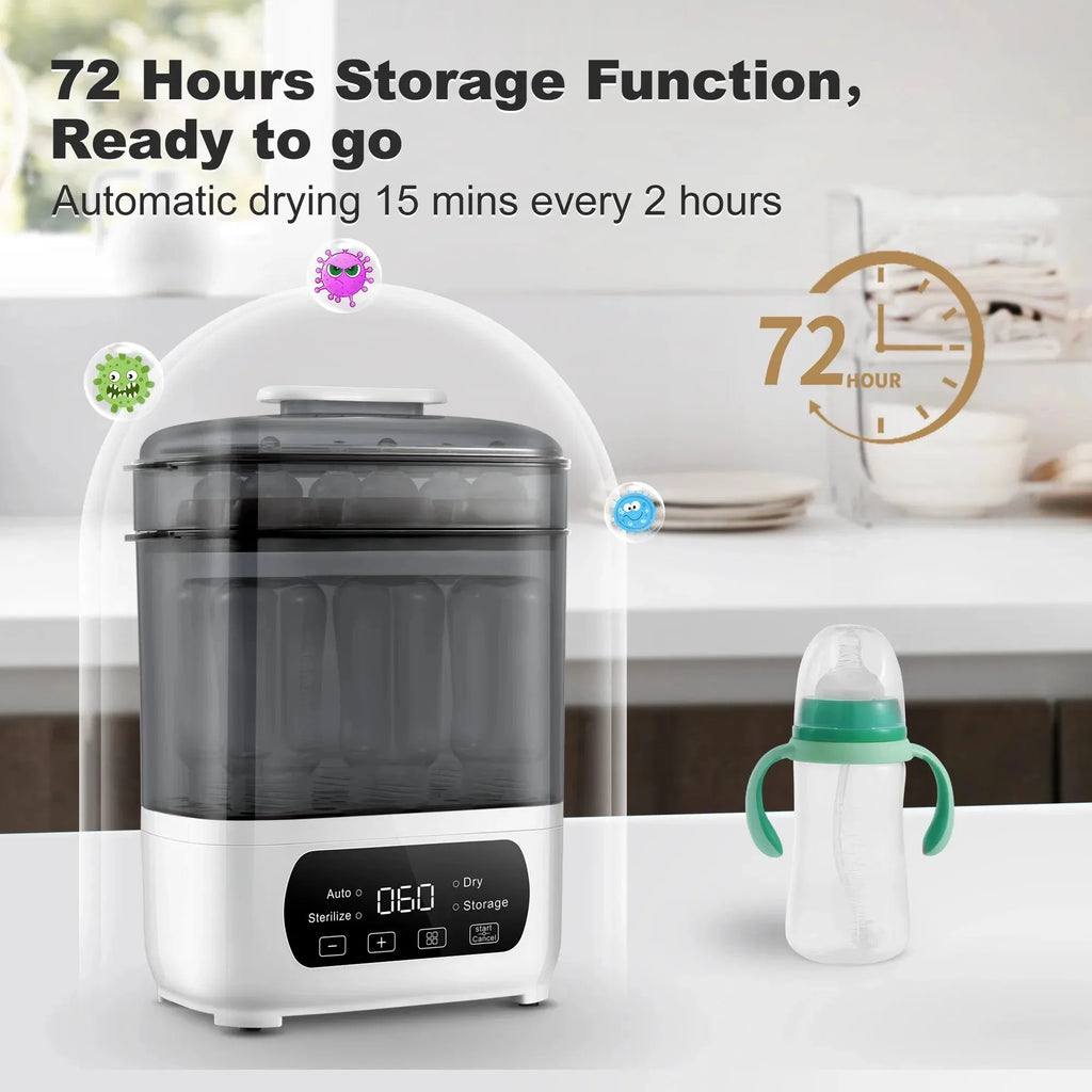 Nova Mart 4-in-1 baby bottle sterilizer and dryer with LED touch control, auto shut-off, suitable for all bottle types.