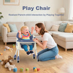 Foldable Nova Mart 4-in-1 baby high chair with 7 height options and toy rack, showing the adjustable seat and safety features.