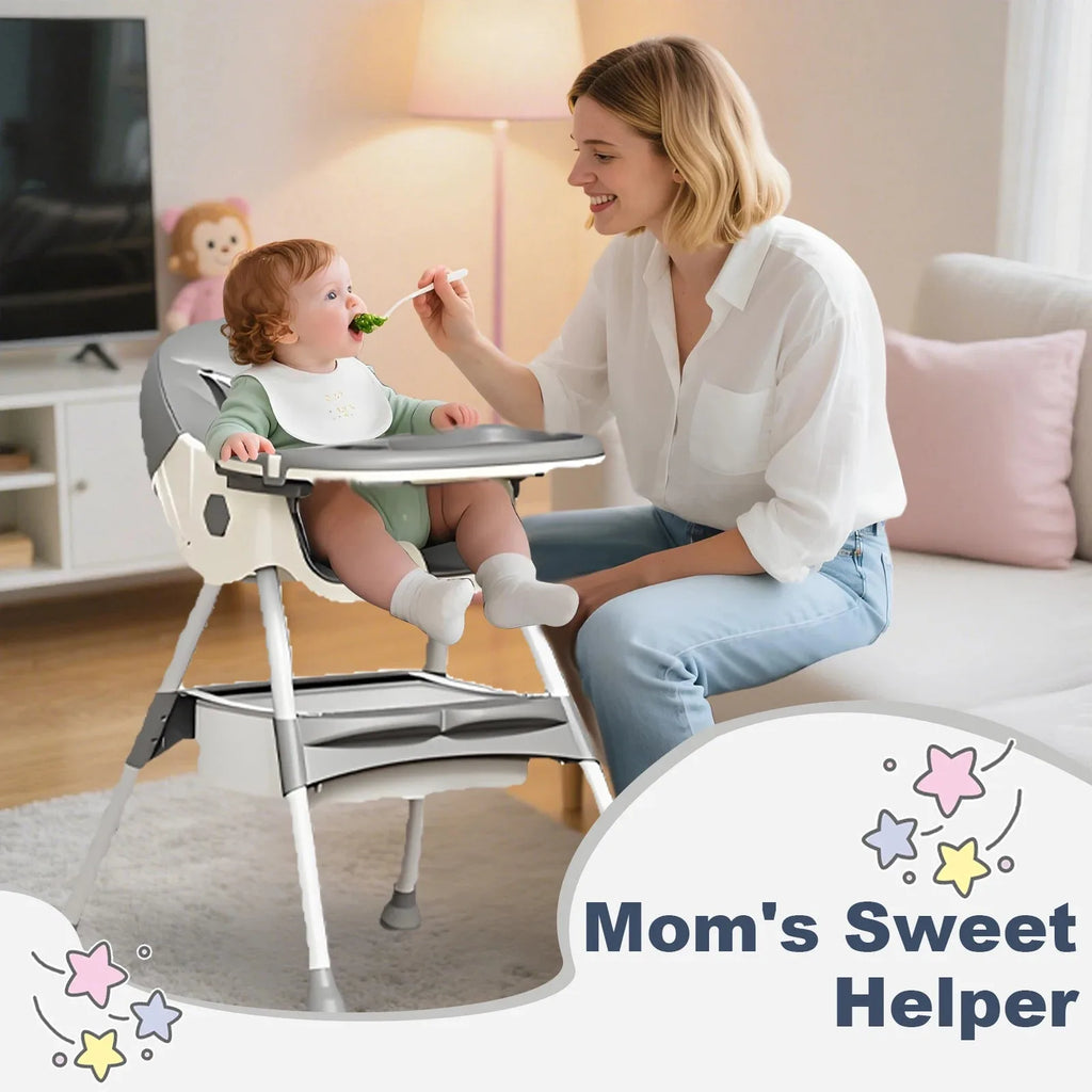 Foldable Nova Mart 4-in-1 baby high chair with 7 height settings, toy rack, and adjustable features, suitable for feeding and play.