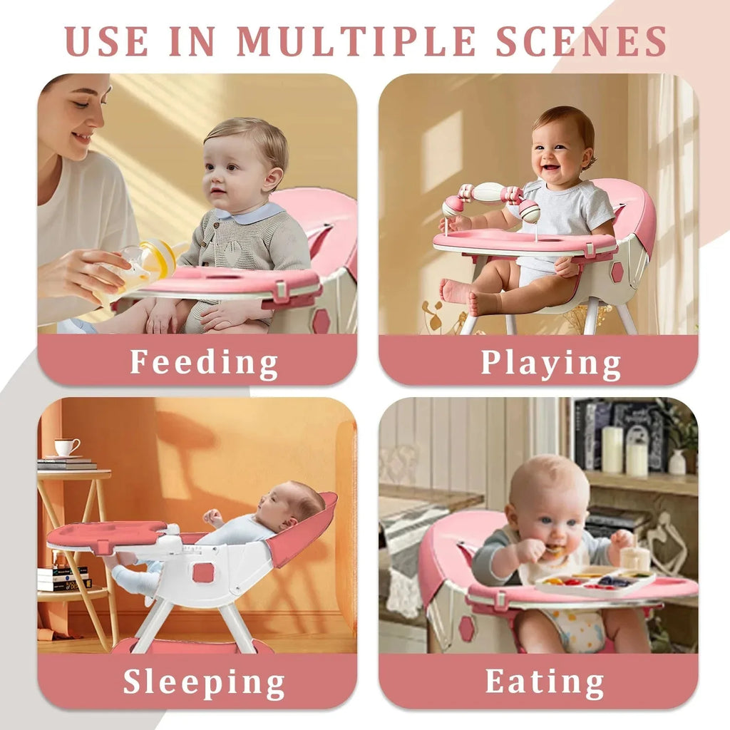 Foldable Nova Mart 4-in-1 baby high chair with 7 height settings and toy rack, featuring a sturdy frame and adjustable tray.