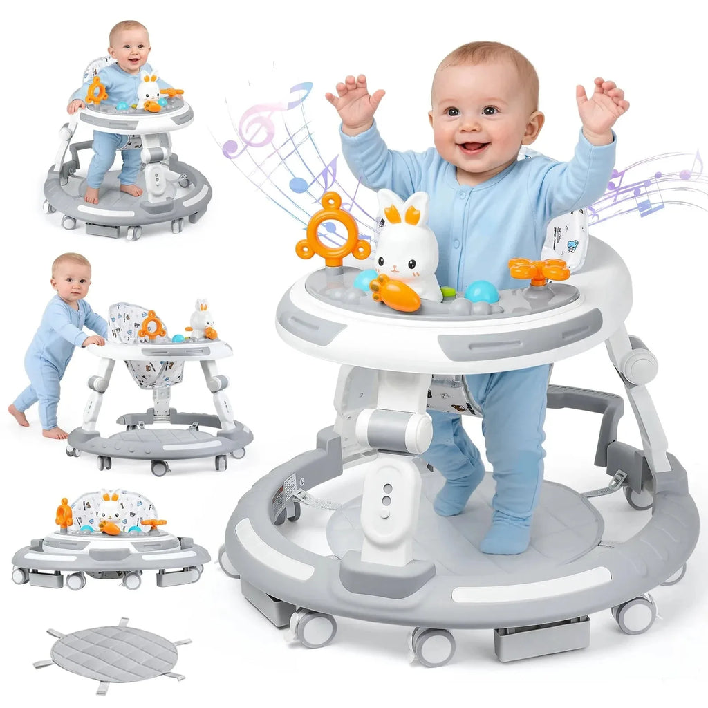 Nova Mart 4-in-1 safety baby walker with music, lights, and toy panel, showing colorful design and sturdy frame.