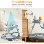 Nova Mart 4-in-1 safety baby walker with music, lights, and toy panel, featuring a sturdy frame and colorful interactive toys.