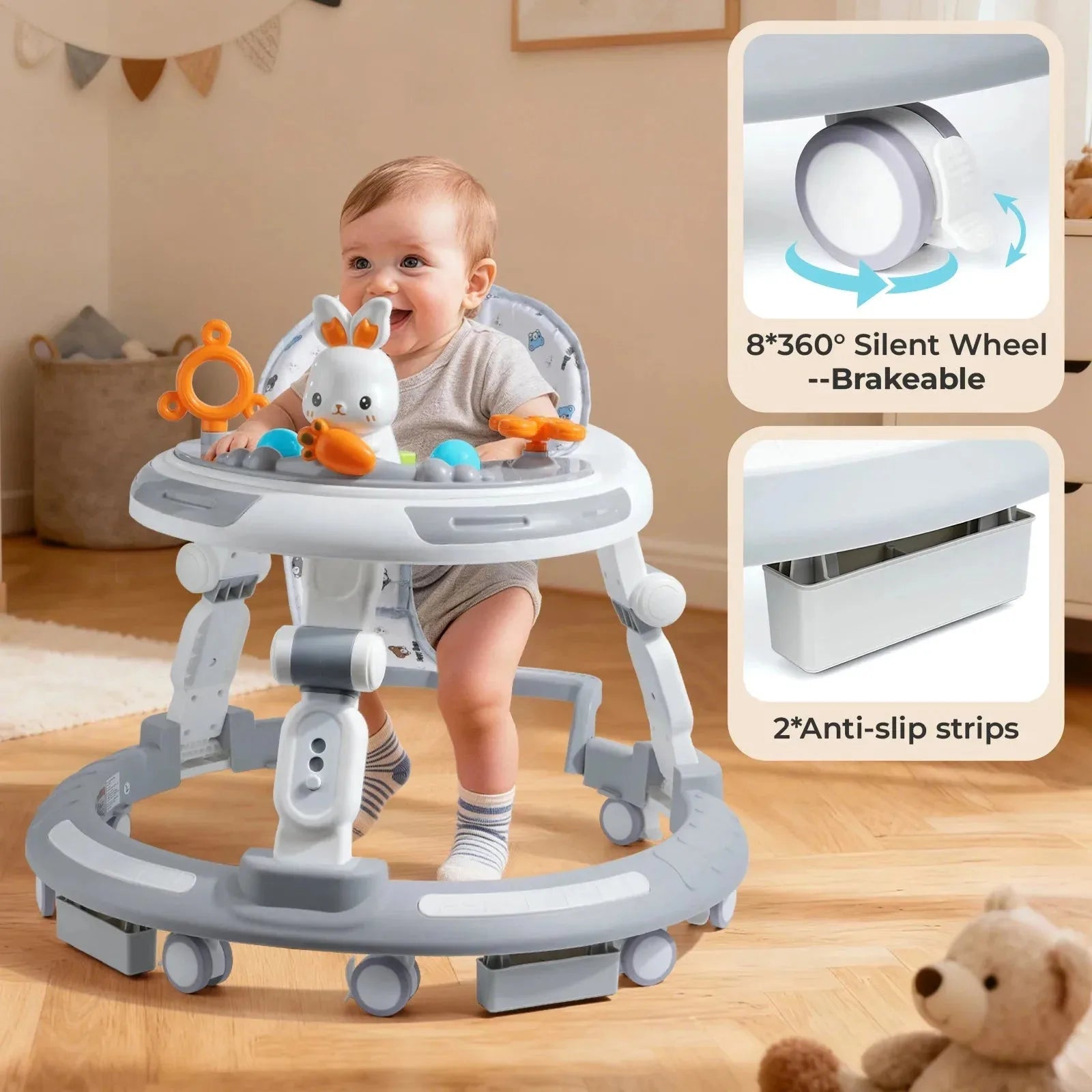 Nova Mart 4-in-1 safety baby walker with music, lights, and toy panel, featuring colorful design and sturdy frame.
