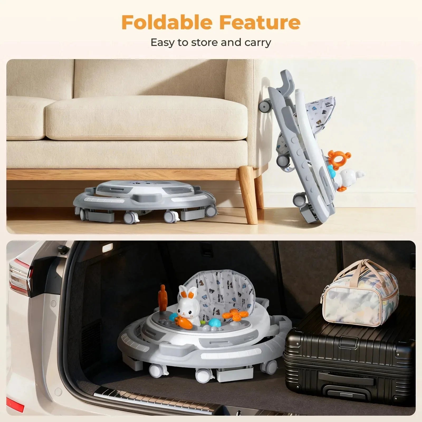 Nova Mart 4-in-1 Safety Baby Walker with music, lights, and toy panel, showing a colorful walker with a padded seat and interactive features.