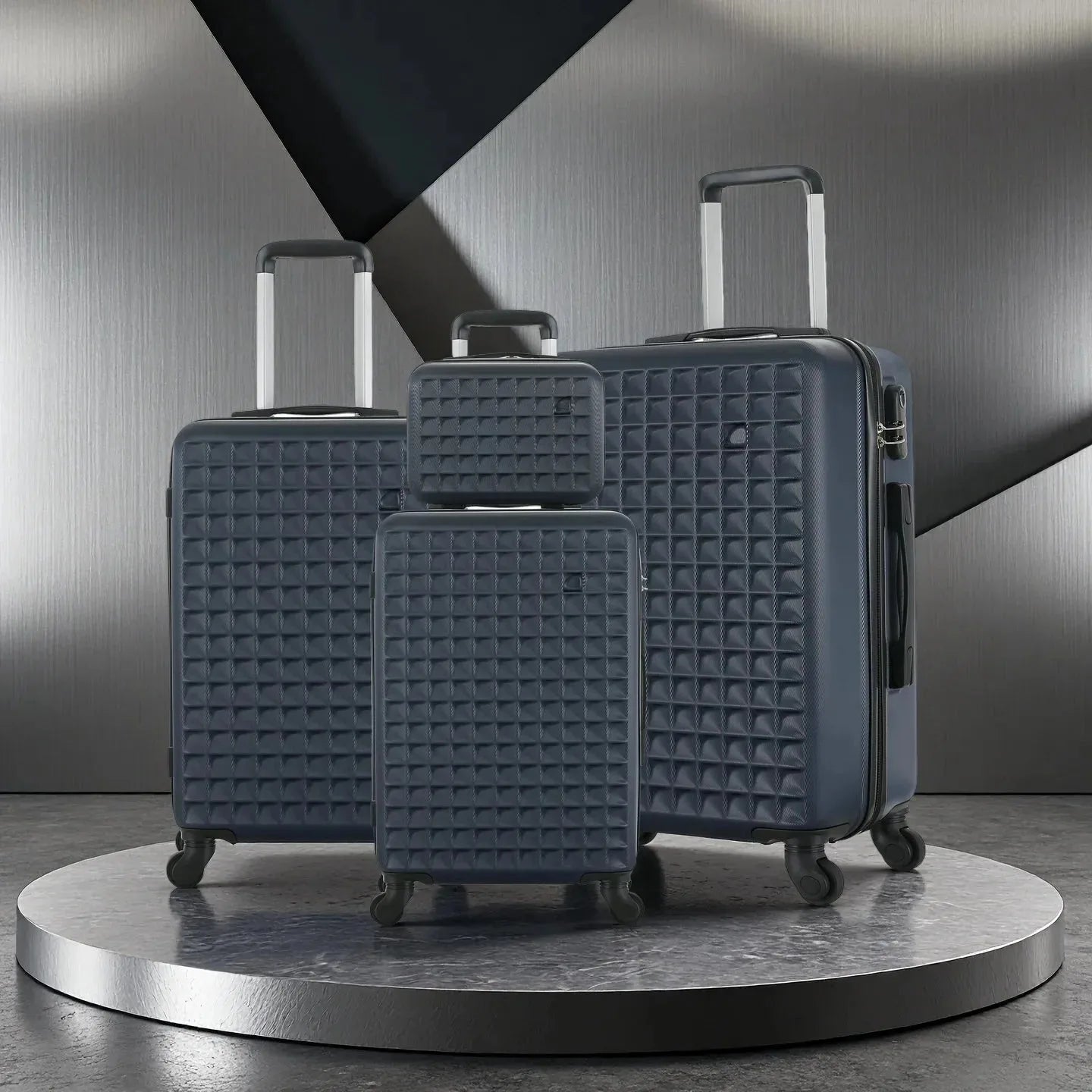 Four-piece Nova Mart ABS hardside luggage set with matching cosmetic case, featuring durable hard shells and adjustable handles.