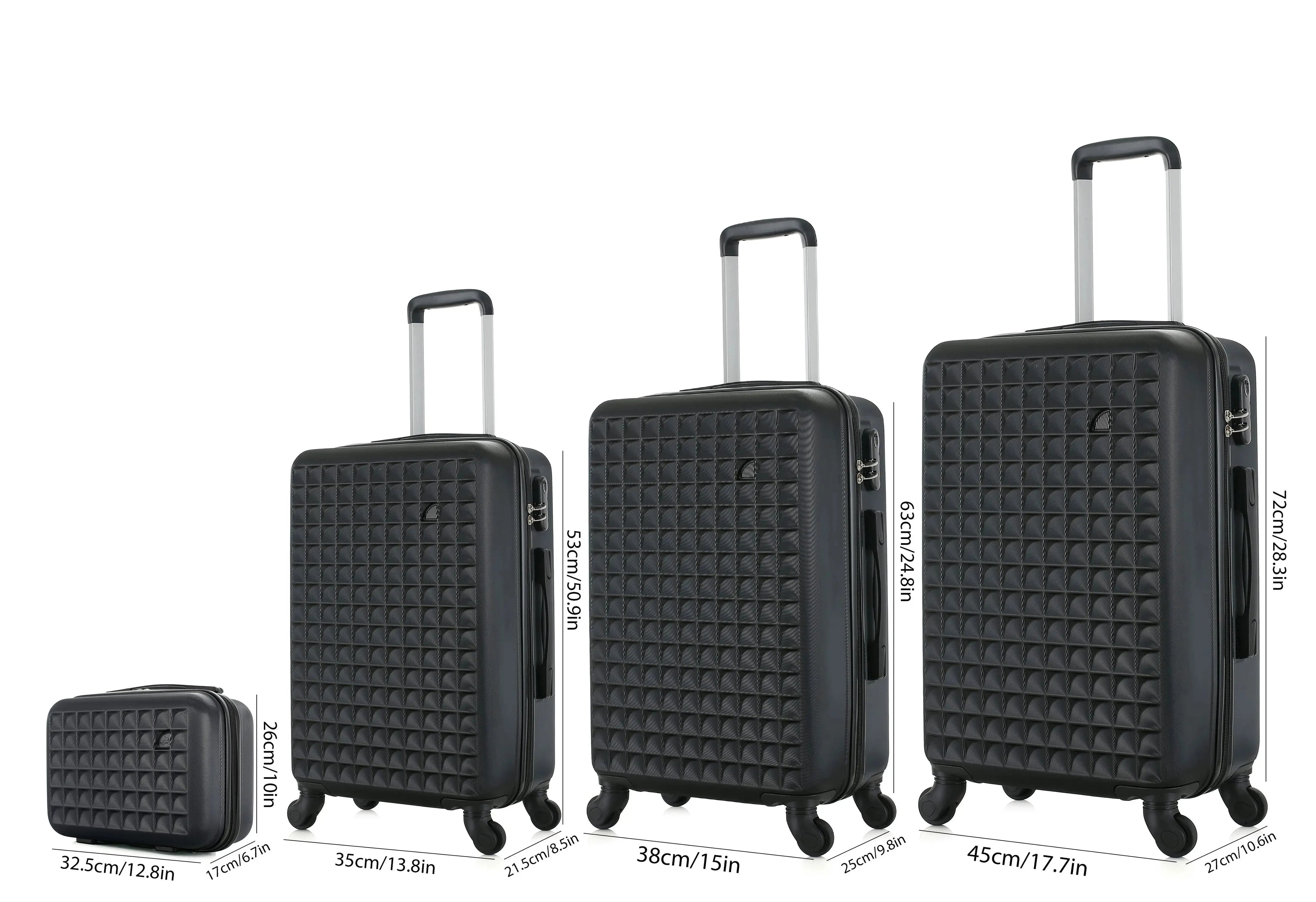 Four-piece Nova Mart ABS hardside luggage set with matching cosmetic case, durable travel suitcases for carry-on and checked baggage.
