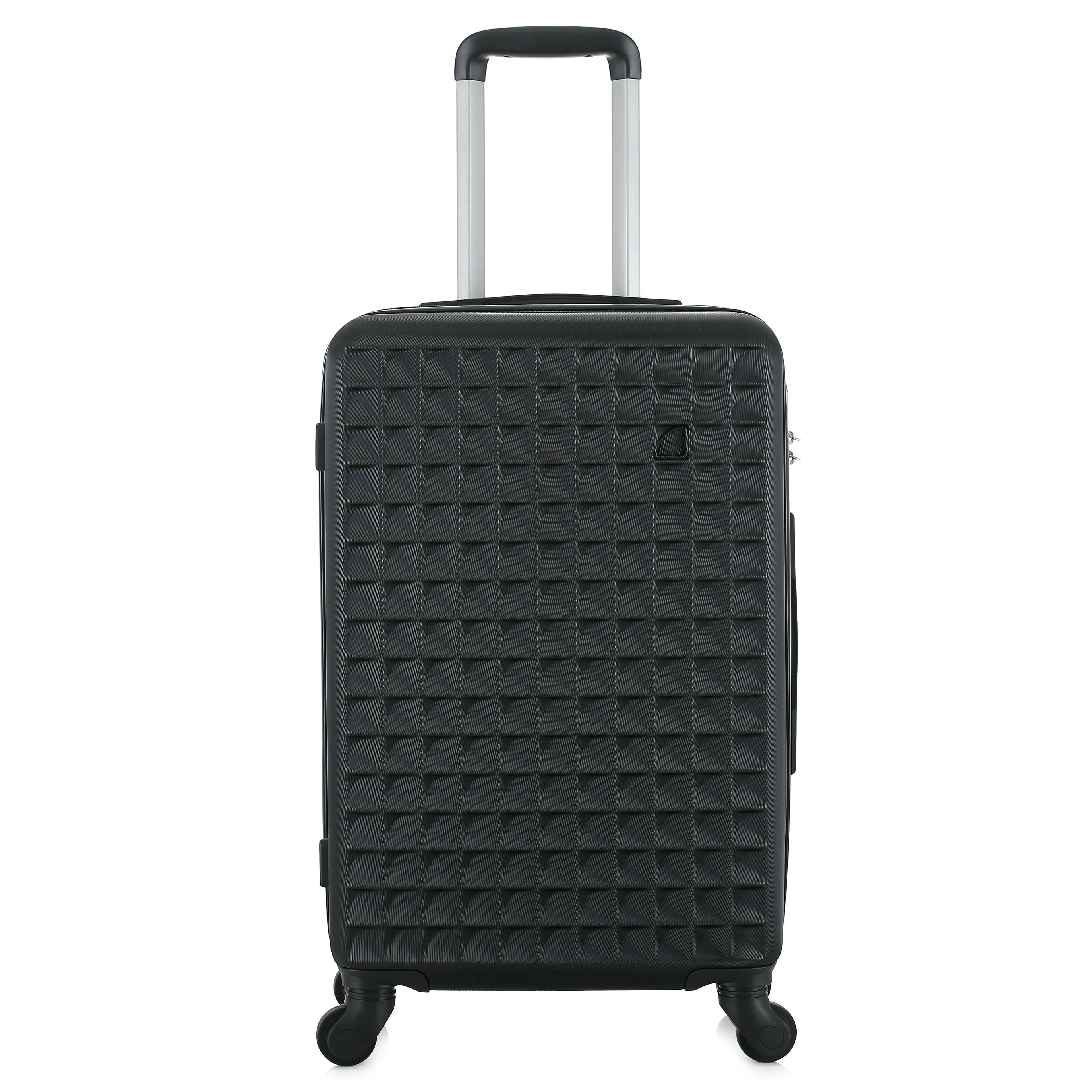 Four-piece Nova Mart ABS hardside luggage set with matching cosmetic case, durable travel suitcases in black with wheels and handles.