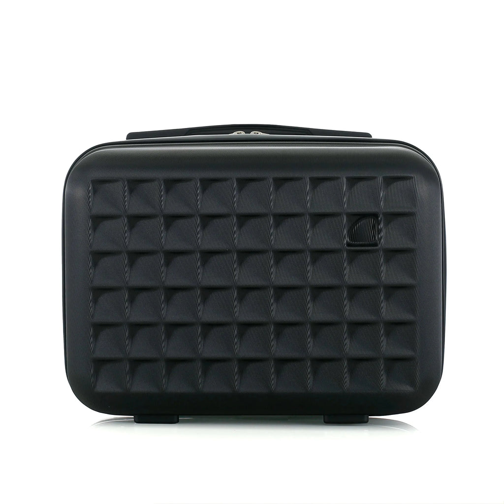 Four-piece Nova Mart ABS hardside luggage set with a matching cosmetic case, featuring durable cases and secure zippers.