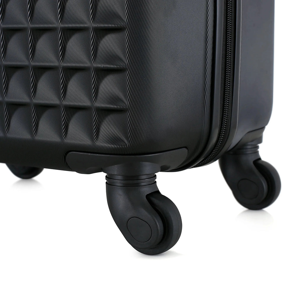 Four-piece Nova Mart ABS hardside luggage set with matching cosmetic case, featuring sleek design and sturdy wheels.