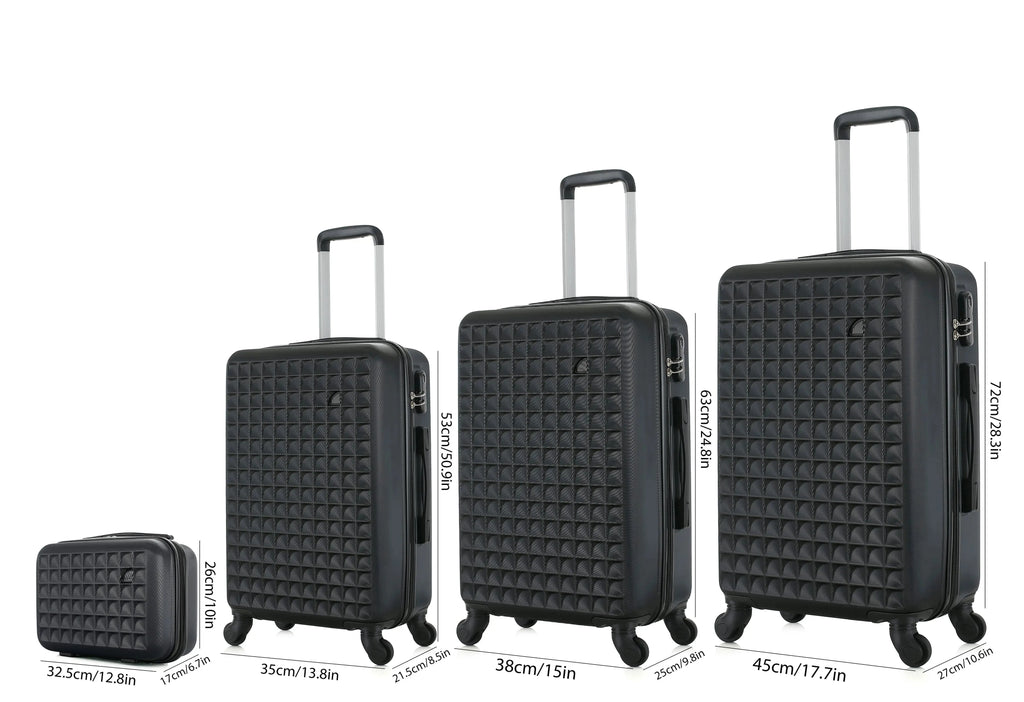 Set of four Nova Mart ABS hardside spinner luggage pieces including 18, 23, 27 inch suitcases and a 13 inch cosmetic case.