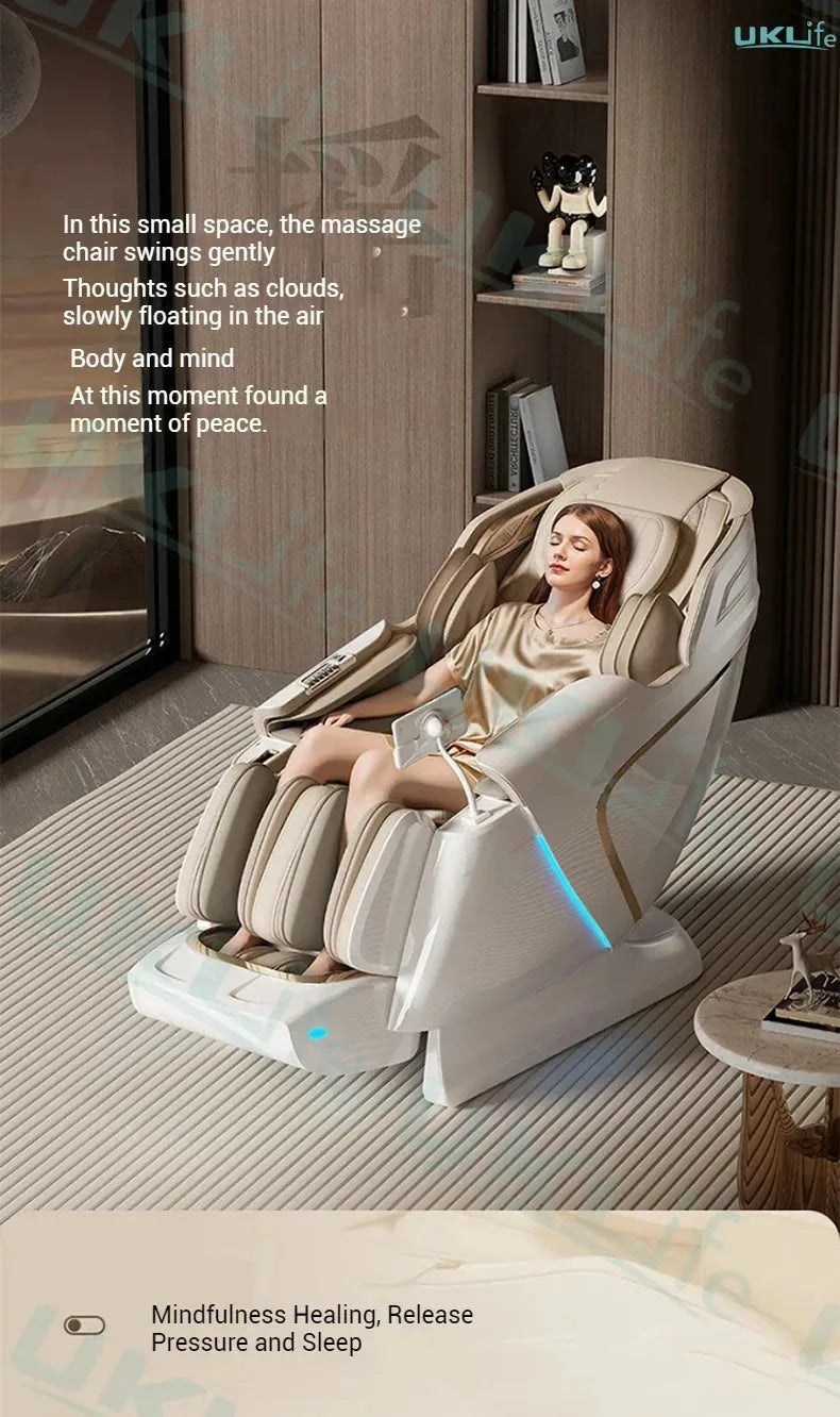 Nova Mart 4D SL-Track Zero Gravity Massage Chair showing plush upholstery, full-body design, and built-in massage rollers.