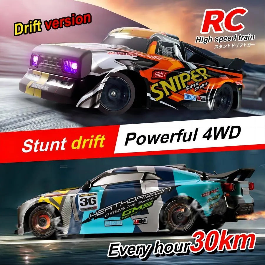 Nova Mart 4WD High Speed RC Drift Car with 2.4G remote control, showcasing its sleek design and vibrant colors.