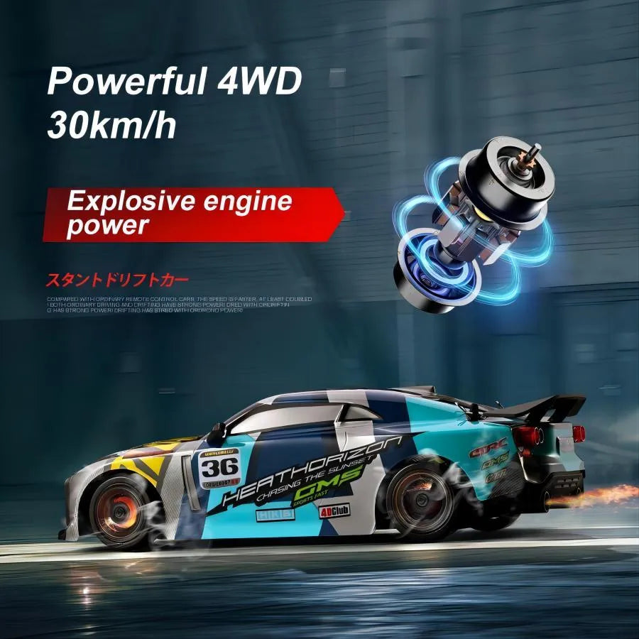 Nova Mart 4WD High Speed RC Drift Car with 30KM/H speed and 2.4G remote control, showcasing the sleek remote-controlled toy in action.