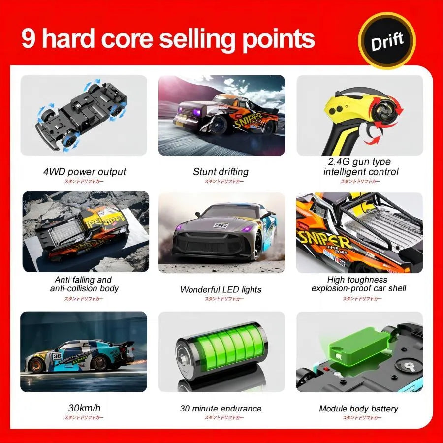 Nova Mart 4WD High Speed RC Drift Car with 30KM/H speed, remote control, showcasing sleek design and off-road tires.