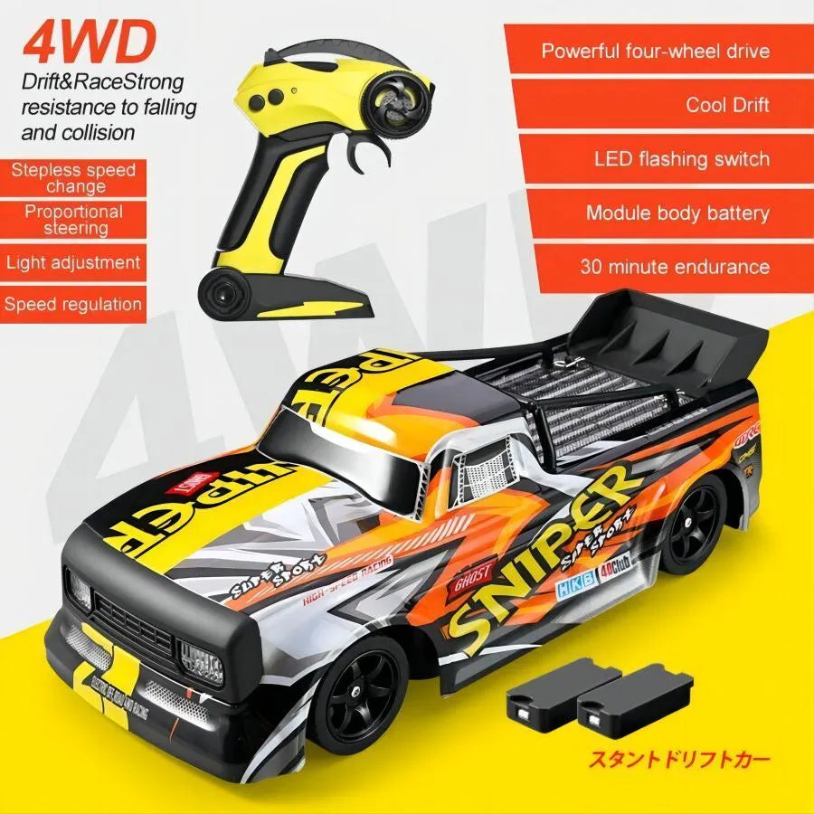Nova Mart 4WD High Speed RC Drift Car with 30KM/H speed, remote control, showcasing sleek design and rugged tires.