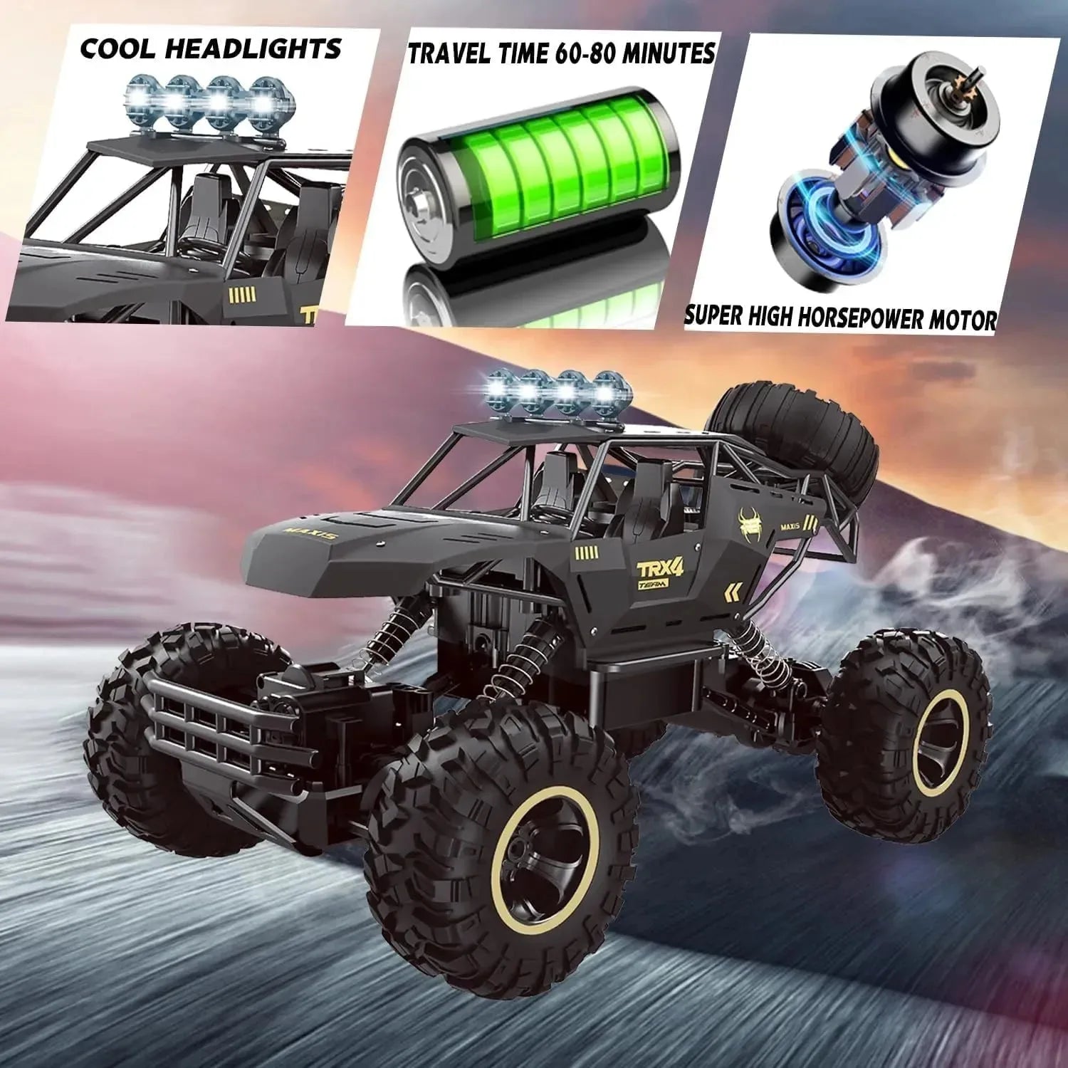 Nova Mart 4WD RC Rock Crawler off-road rechargeable truck with rugged tires and detailed body for outdoor terrain play.