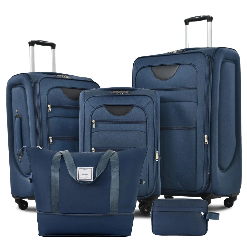 Set of five Nova Mart softside expandable luggage pieces with TSA locks, featuring durable wheels and multiple compartments.