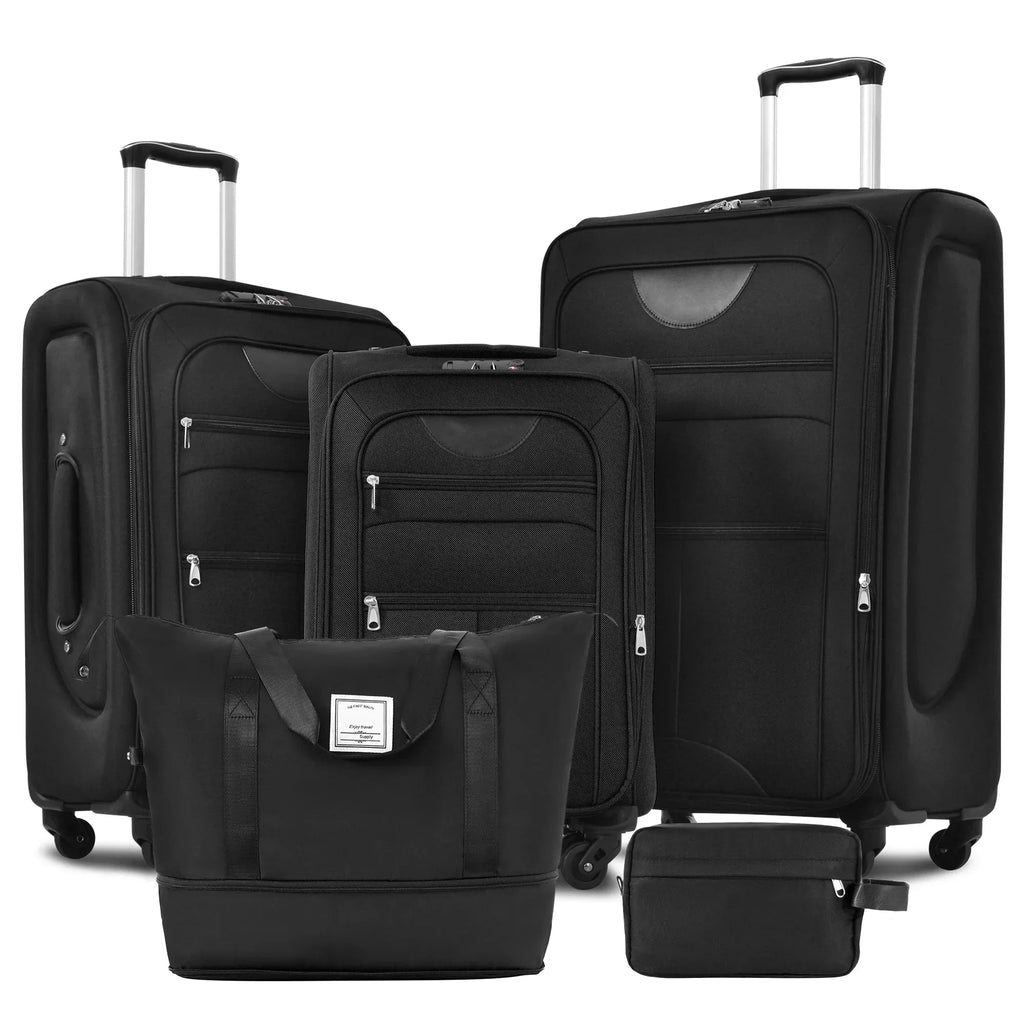 Five-piece Nova Mart softside expandable luggage set with TSA locks, showing multiple suitcases with handles and wheels.