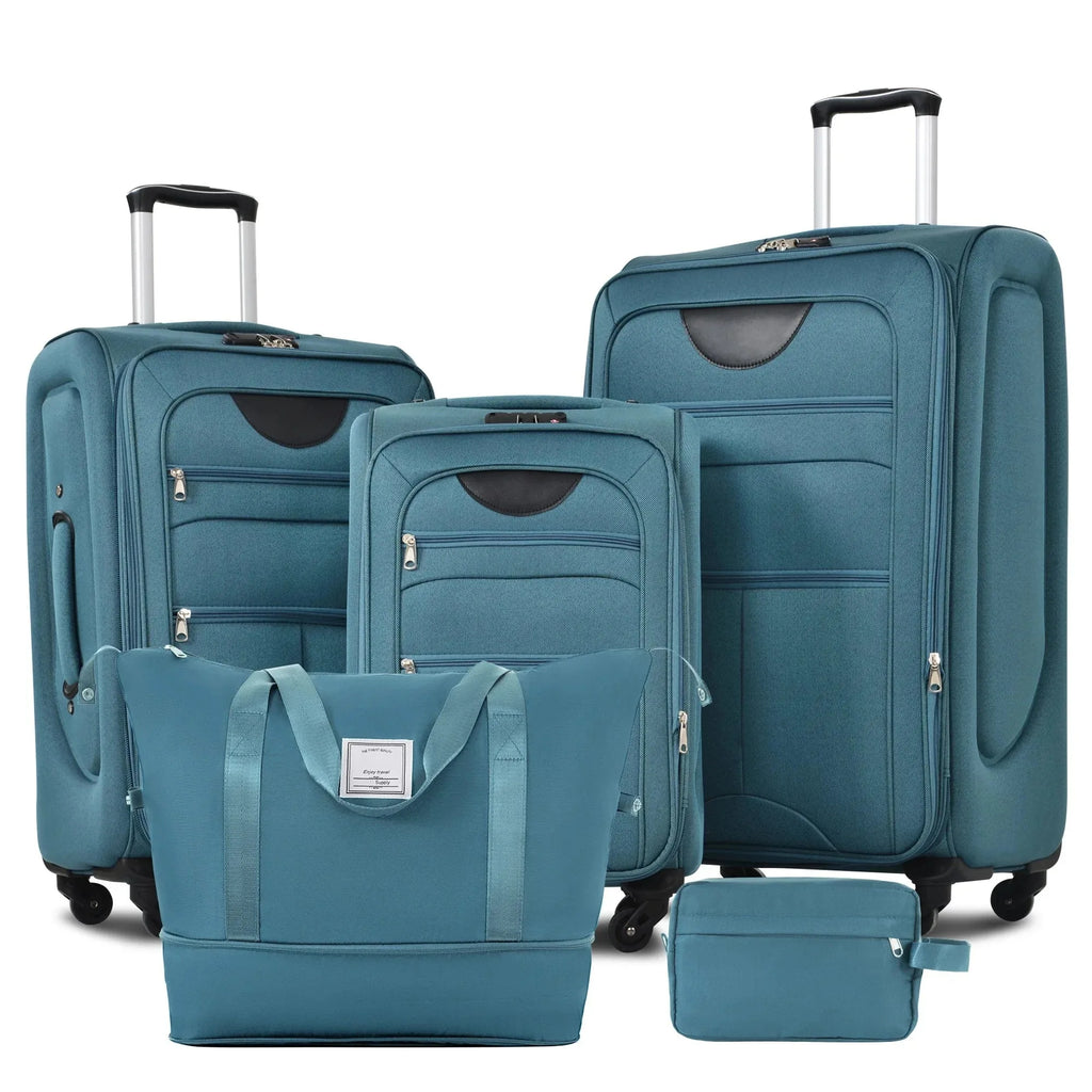 Set of five Nova Mart softside expandable luggage pieces with TSA locks, featuring wheels and handles for travel convenience.